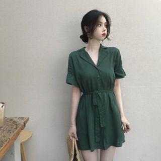 Short-sleeve Sashed Mini A-line Shirt Dress Dark Green - One Size