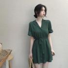 Short-sleeve Sashed Mini A-line Shirt Dress Dark Green - One Size