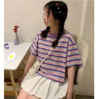 Striped Short-sleeve T-shirt / Pleated Skirt