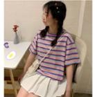 Striped Short-sleeve T-shirt / Pleated Skirt