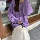 Plain Cable Knit Cardigan Purple - One Size