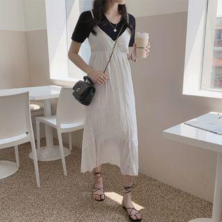 Plain Short-sleeve T-shirt / Spaghetti Strap Midi A-line Dress