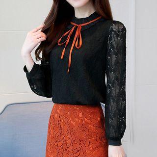 Long-sleeve Ribbon Lace Panel Blouse