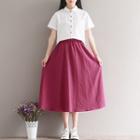 Set: Short-sleeve Shirt + Midi A-line Skirt