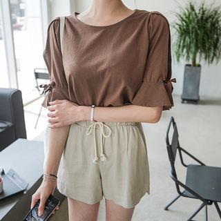 Beribboned Puff-sleeve Cotton Top