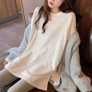 Slit-side Long Sleeve Loose T-shirt White - One Size