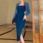 Set : Halter Slit Shaping Midi Dress + Long-sleeve Cardigan Cardigan - Blue & Dress - Dark Blue - One Size