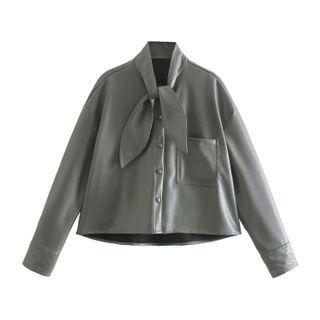 Tie-neck Faux Leather Jacket
