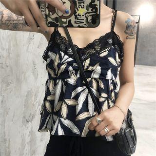 Spaghetti-strap Lace Trim Print Top