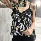 Spaghetti-strap Lace Trim Print Top