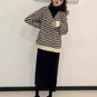Striped Sweater / Turtleneck Long-sleeve Top / Midi Straight-fit Skirt
