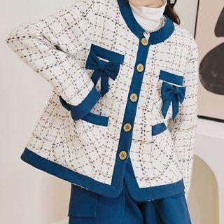 Long-sleeve Contrast Trim Plaid Bow Jacket