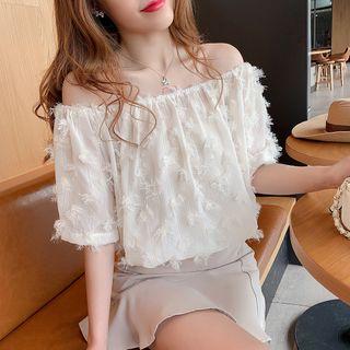 Off-shoulder Fringed Blouse Beige - One Size