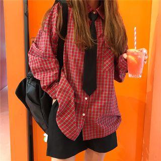 Loose-fit Plaid Shirt Wine Red - One Size