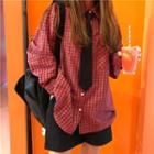 Loose-fit Plaid Shirt Wine Red - One Size