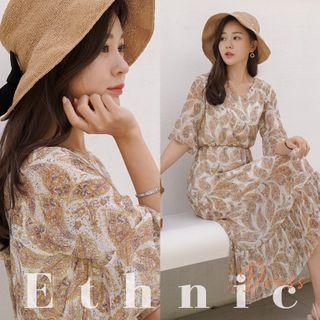 Tie-back Pleated-hem Ethic-pattern Dress