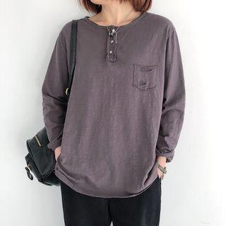 Long-sleeve Distressed Henley T-shirt