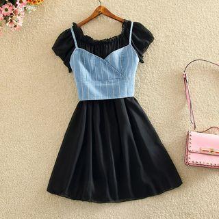 Set: Off-shoulder Short-sleeve Dress + Denim Camisole Top