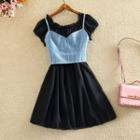 Set: Off-shoulder Short-sleeve Dress + Denim Camisole Top