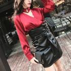 Set: V-neck Long-sleeve Chiffon Blouse + Faux Leather Mini Skirt