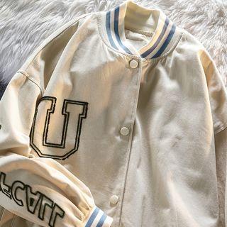 Lettering Check Baseball Jacket
