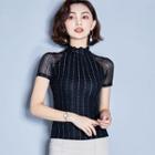 Short-sleeve Mesh Mock-neck Top