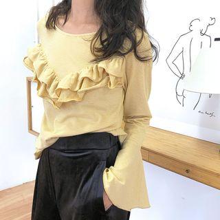 Long-sleeve Frill-trim Striped T-shirt