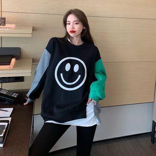Long-sleeve Smiley Face Color-block Loose-fit Sweatshirt As Figure - One Size