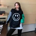Long-sleeve Smiley Face Color-block Loose-fit Sweatshirt As Figure - One Size