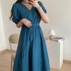 Puff Short-sleeve Midi A-line Dress Peacock Blue - One Size