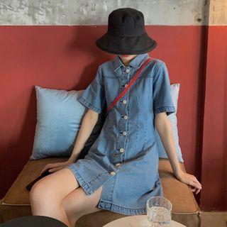Collared Short-sleeve Denim Button Mini A-line Dress