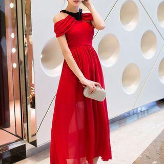 Cold-shoulder A-line Midi Chiffon Cocktail Dress