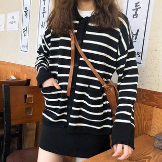 Striped Mock-neck Loose-fit Cardigan