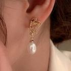 Butterfly Faux Pearl Dangle Earring 1 Pair - Silver Needle - Gold - One Size