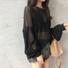 Set: Balloon-sleeve Sheer Blouse + Cropped Lace Camisole Black - One Size