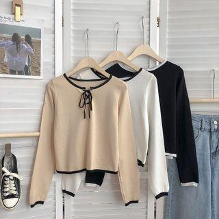 Round-neck Color Panel Strap Long-sleeve Knit T-shirt