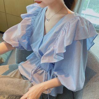 Elbow-sleeve V-neck Striped Ruffle Trim Blouse