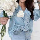 Ruffle-collar Laced Blouse Blue - One Size