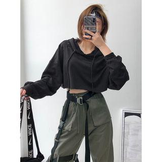 Loose-fit Distressed Hooded Crop Top