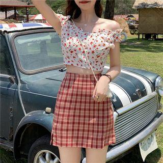 Floral Off Shoulder Top / Plaid A-line Skirt