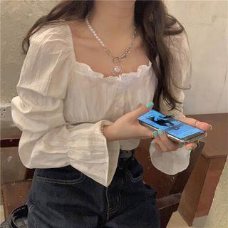 Square-neck Ruffle Blouse White - One Size