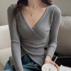 Long-sleeve V-neck Plain Slim Fit Knit Top