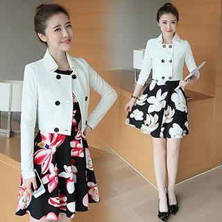 Set : Double-breasted Jacket + Floral Print Dress