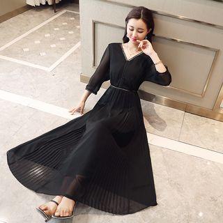 3/4-sleeve V-neck Maxi A-line Chiffon Dress
