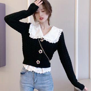 Long-sleeve Ruffled Shirt / Floral-button Cardigan