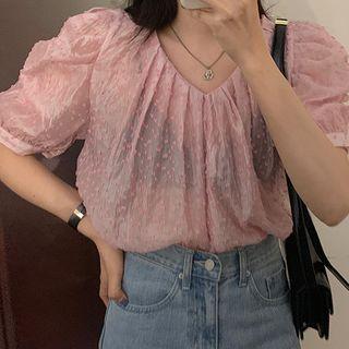 V-neck Short-sleeve Top Pink - One Size