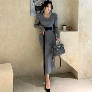 Square-neck Slit Midi Sheath Dress / Sash