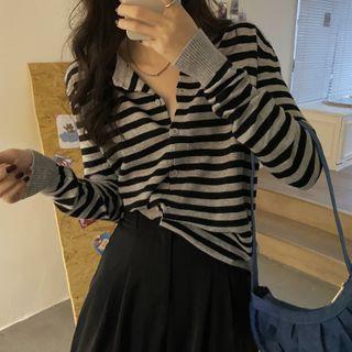 Striped Button-up Knit Top Stripe - Black & Gray - One Size