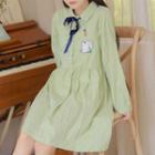 Long-sleeve Rabbit Print Placket Shirt Dress Green - One Size