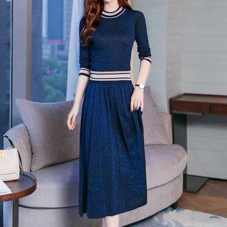 Set: Contrast Trim Knit Top + Midi A-line Knit Skirt